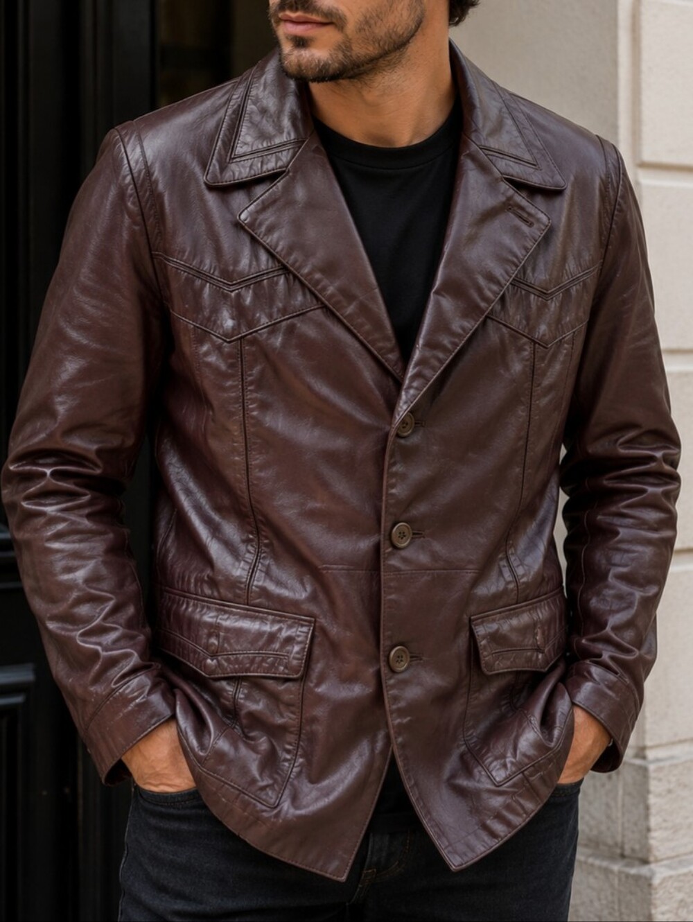 Burgundy Leather Military Field Jacket with Notched Lapel L Harbour Park
